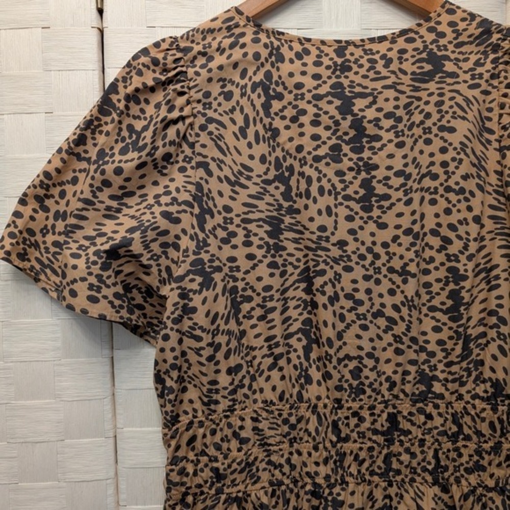 By Anthropologie Leopard Print Smocked Waist Tiered Ruffle Mini Dress Brown Sz M - Picture 10 of 14